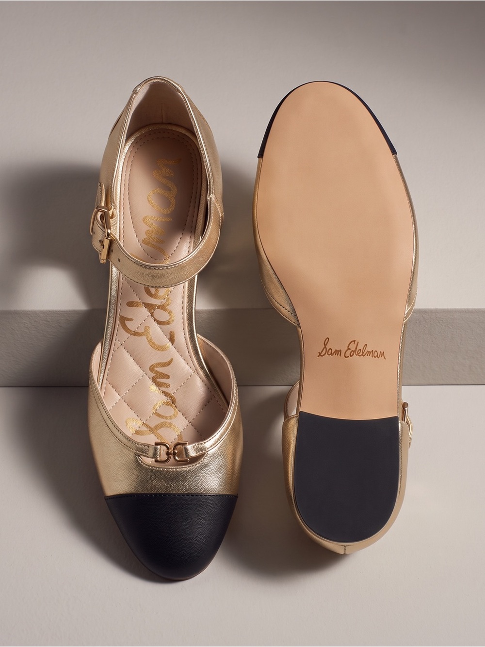 Sam Edelman Rylie Cap Toe Mary Jane Flats Metallic Gold with Black - Picture 3 of 15